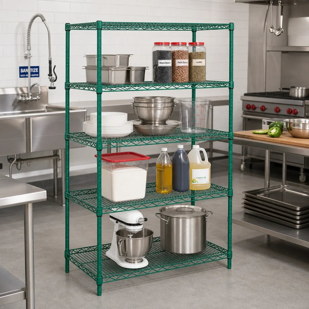 Quantum WR63-2136P 36 x 21 x 63-Inch 4-Shelf Wire Shelving Starter Unit, Stationary, Green Epoxy Finish