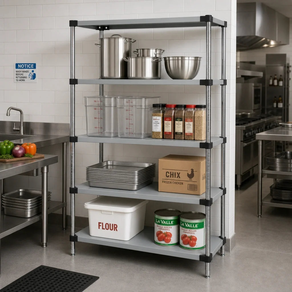 Quantum WRS4-86-2442SS 304 Stainless Steel Solid Shelving Starter Kit, 42"W x 24"D x 86"H, 4-Shelf Stationary Unit