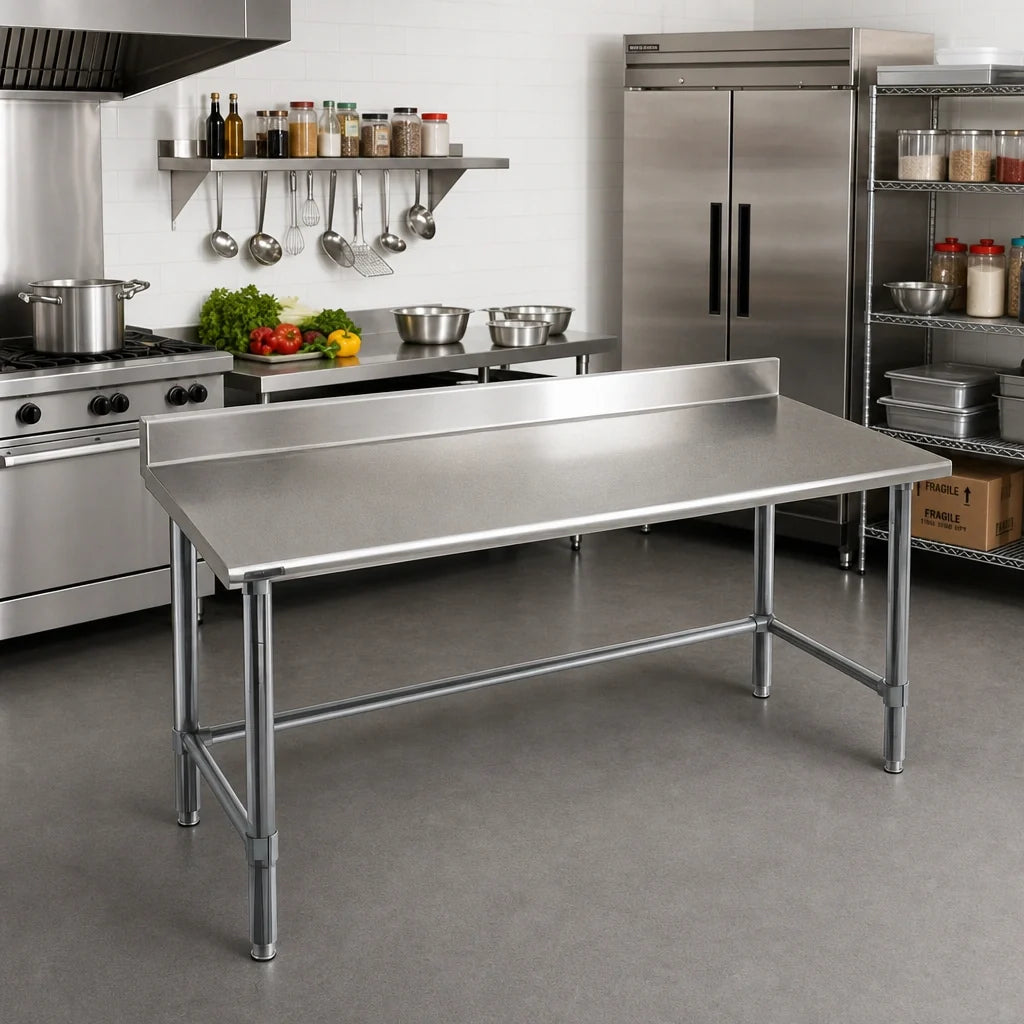 Eagle Group Deluxe T3084STEB-BS Stainless Steel Work Table, 84 x 30 Inches, 300 Series Top, Rolled Front Edge, 4-1/2-Inch Backsplash