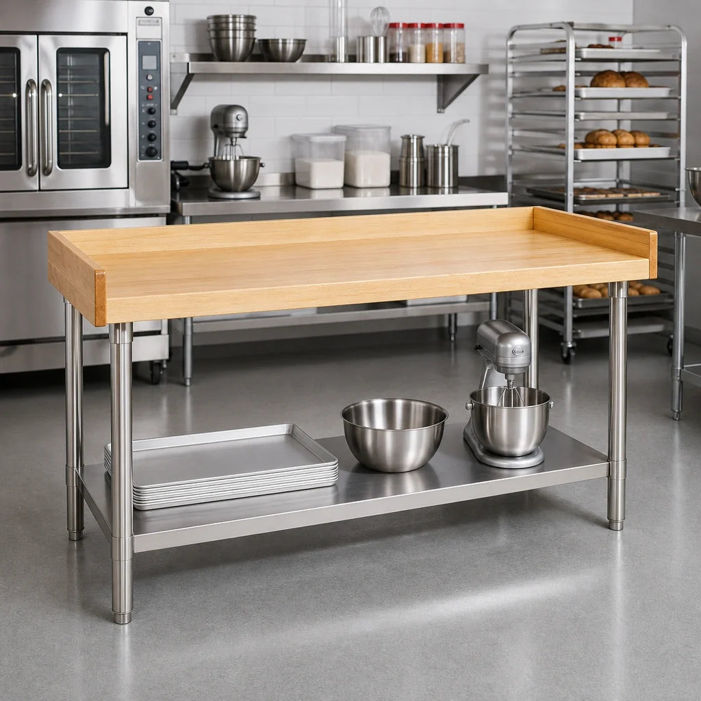 Eagle Group MT3096S-BS 96"W x 30"D Bakers' Table with 1-3/4" Hardwood Top, Stainless Steel Base, Undershelf and 4" Splash