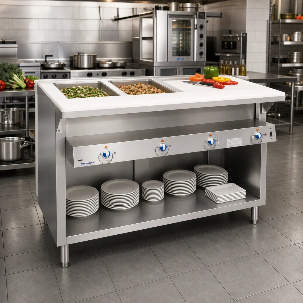 Duke Manufacturing Thurmaduke E-2-DLSS 32-Inch Electric 2-Well Sealed Steamtable, Stainless Steel, Open Storage Base