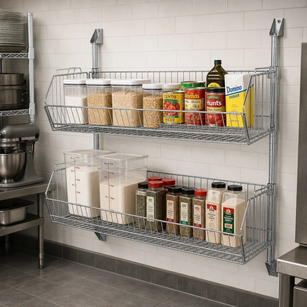 Quantum CAN-34-1448BC-PWB Wall-Mounted Cantilever Wire Basket Kit, 48 W x 14 D x 34 H, Chrome-Plated, Includes 2 Baskets