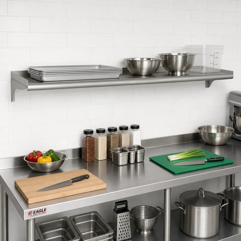 Eagle Group WS1084-16/3 84 x 10 Inch Wall-Mounted Shelf, 16 Gauge 304 Stainless Steel, Rolled Front Edge