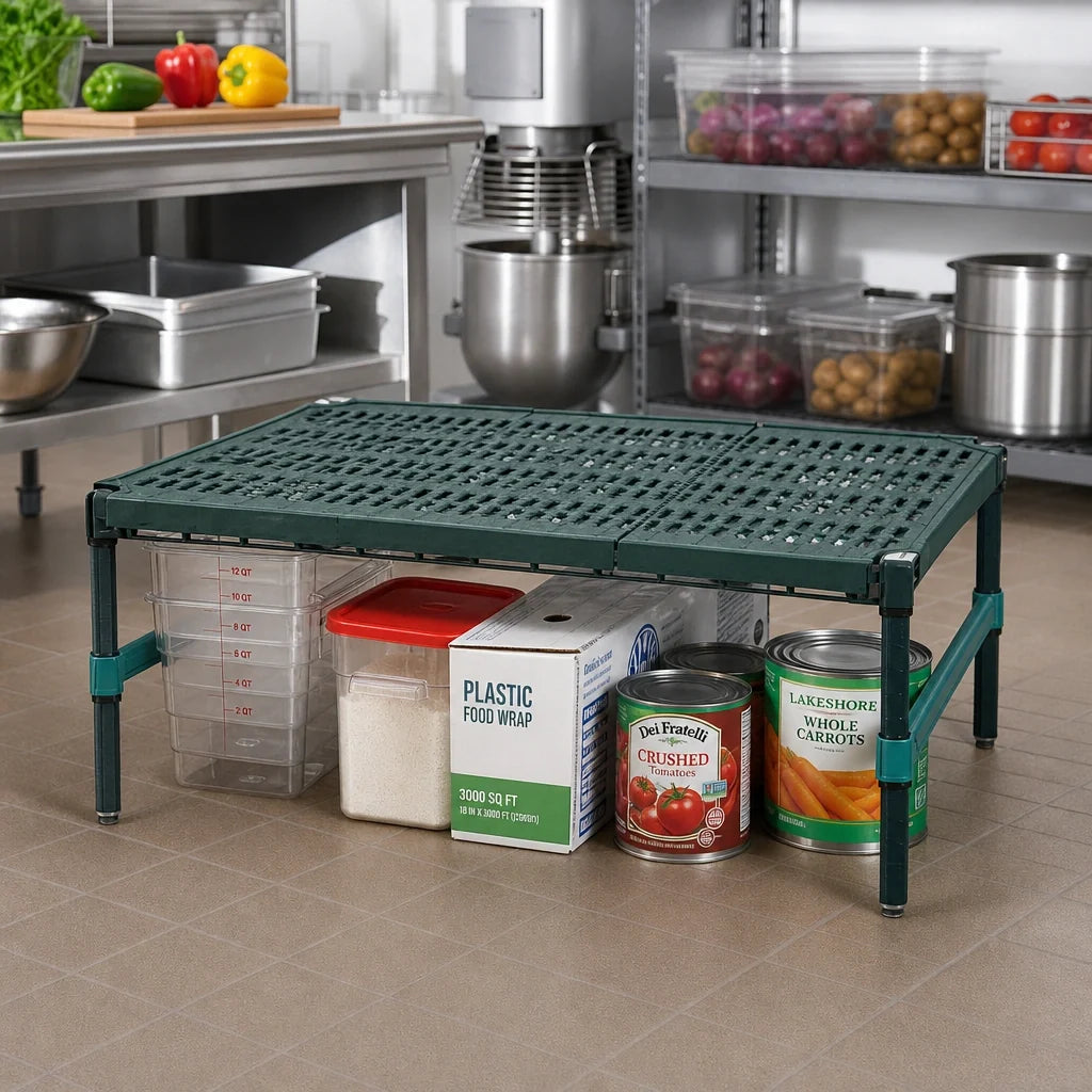 Eagle Group QuadPlus QP-MDR2430VG-GL Mobile Dunnage Rack, 30 x 24 x 14 in., 800 lb Capacity, Green Epoxy Posts, Louvered Polypropylene Mat