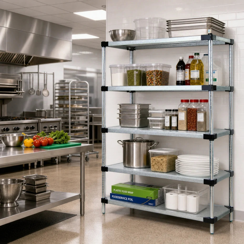 Quantum WR74-2460SG-5 Stationary Solid Shelving Starter Unit, 60"W x 24"D x 74"H, 5 Galvanized Steel Shelves, Chrome Posts