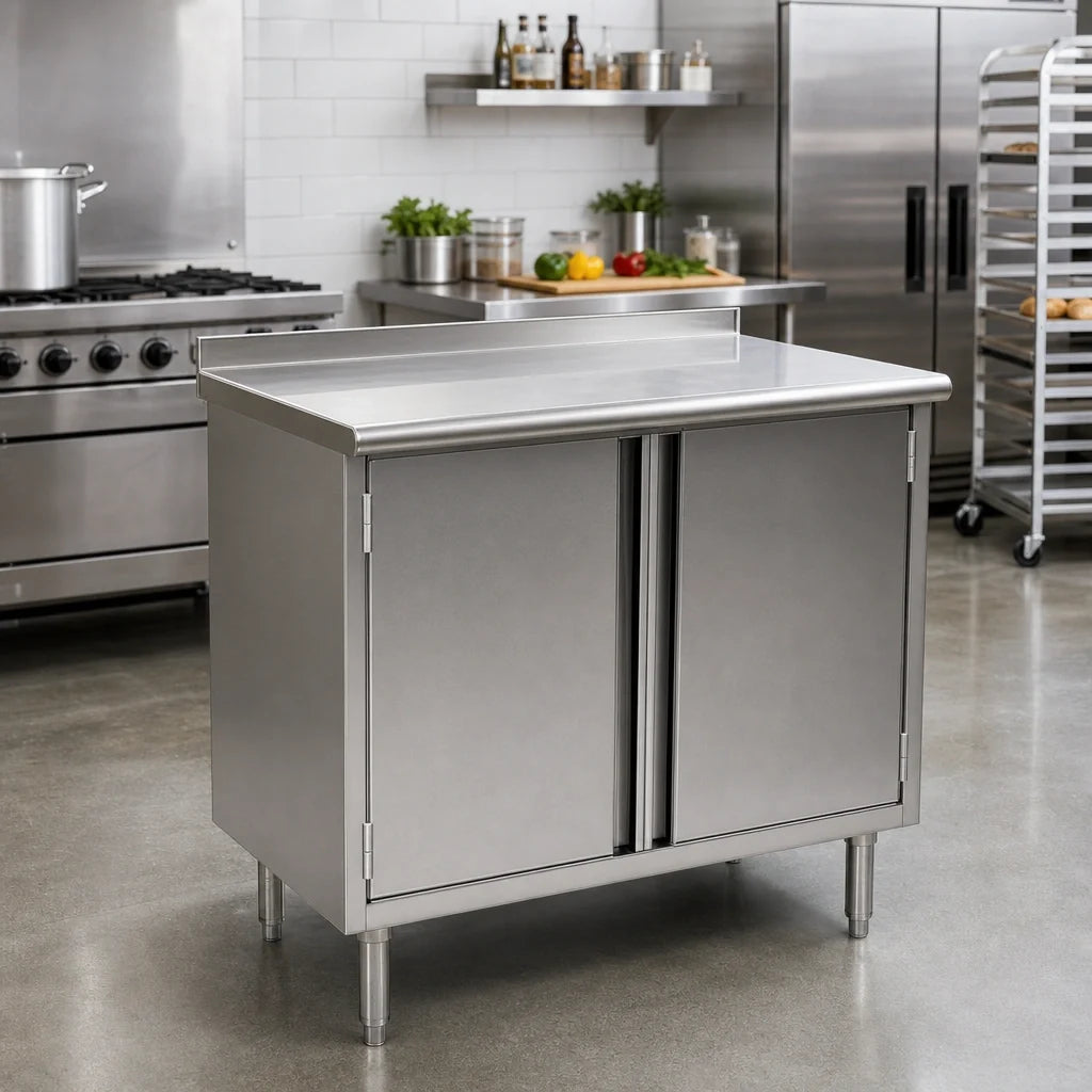 Eagle Group Spec-Master UCBH3060SE 60 x 30 Inch Stainless Steel Enclosed Work Table with Cabinet Base, Hinged Doors and 14 Gauge Top