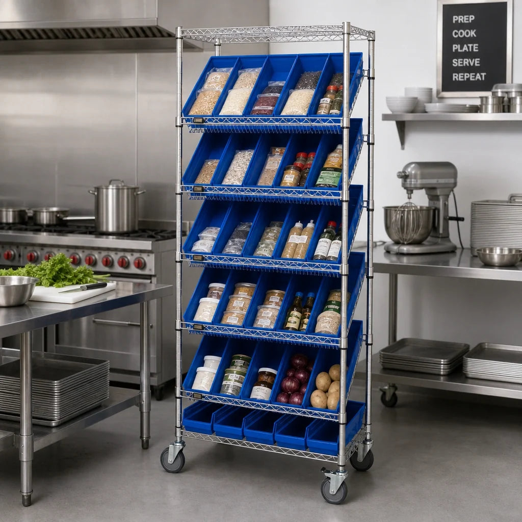 Quantum MWRS-7-108 Mobile Chrome Wire Shelving Bin System, 24 Bins, 7 Shelves, 36 x 18 x 74 Inches