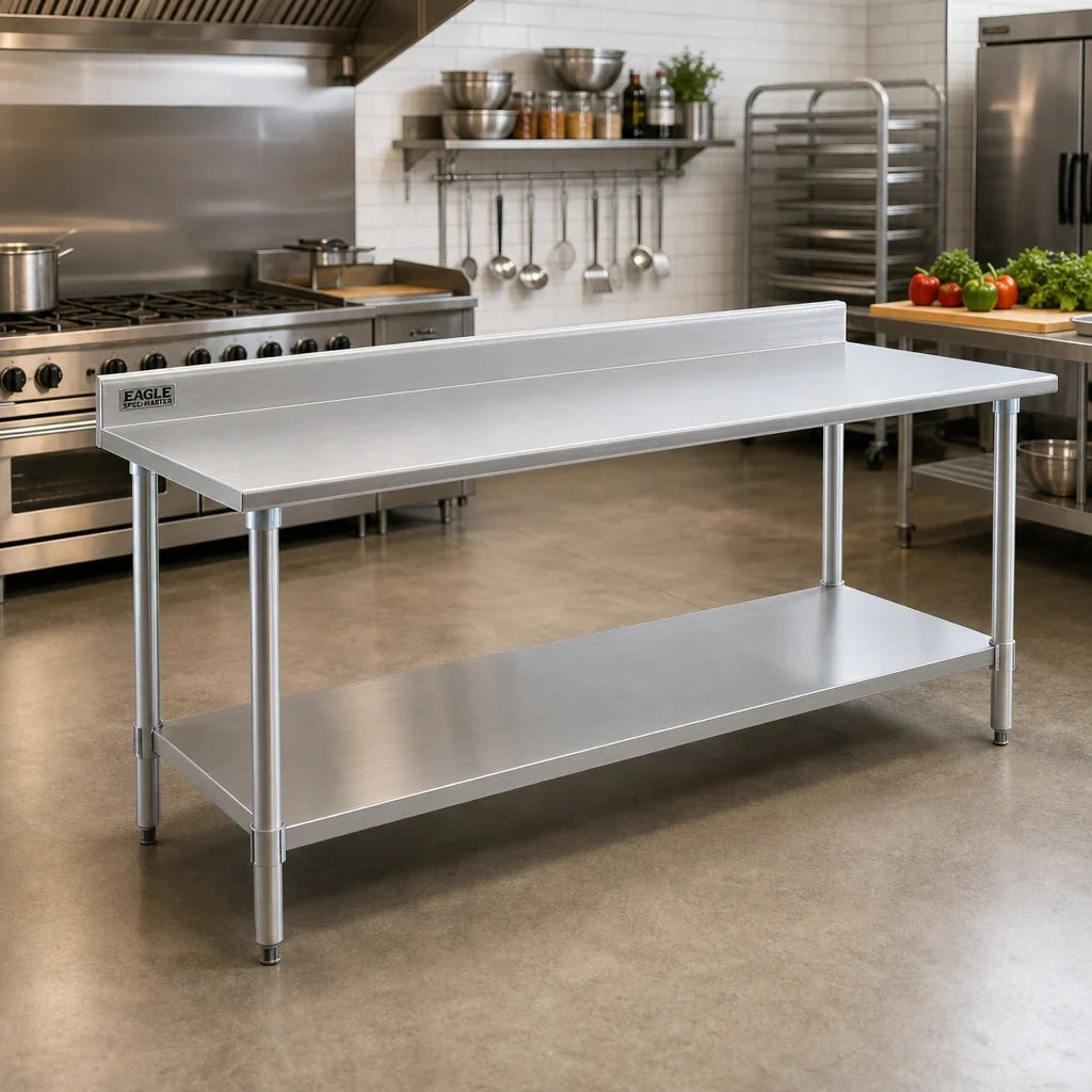 Eagle Group Spec-Master T36108SE-BS 108 x 36 Inch Stainless Steel Work Table with 4-1/2 Inch Backsplash and Adjustable Undershelf