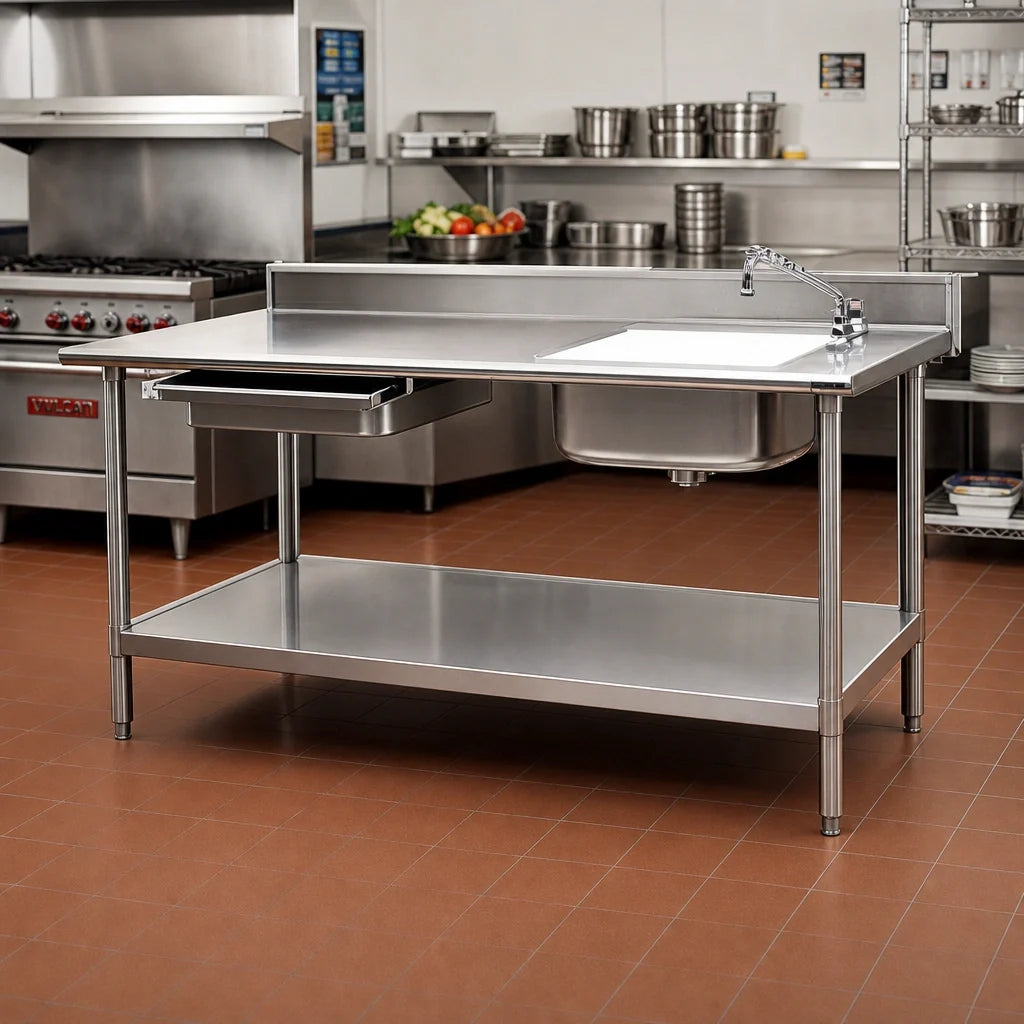 Eagle Group Spec-Master PT 3096-R Stainless Steel Prep Table With Right-Side Sink, Left-Side Drawer, Cutting Board, Undershelf, 96"W x 30"D