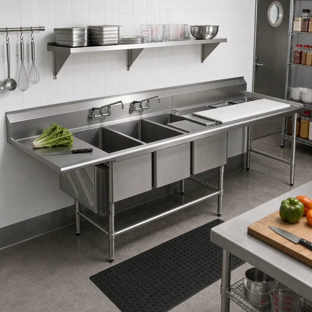 Eagle Group Spec-Master FNP2860-3-48TL Three-Compartment Coved-Corner Prep Sink, 48-Inch Left Prep Area, 14-Gauge 304 Stainless Steel