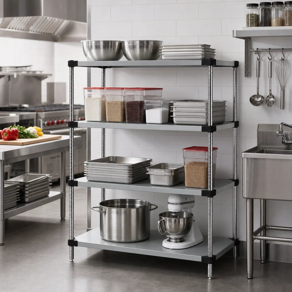 Quantum WRS4-54-2154SS 4-Shelf Solid Shelving Starter Kit, 54"W x 21"D x 54"H, 304 Stainless Steel