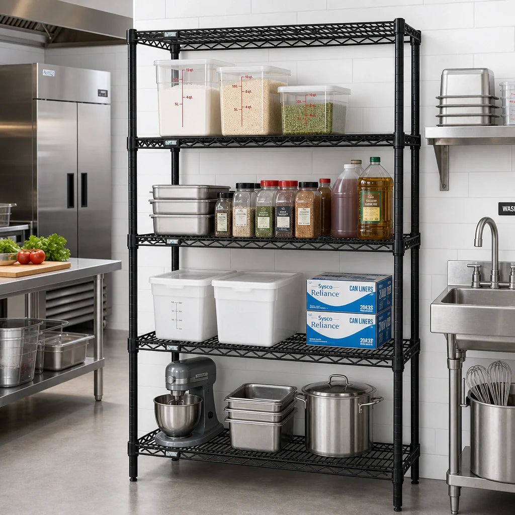 Quantum WR86-1248BK Stationary Wire Shelving Starter Kit, 48"W x 12"D x 86"H, 4 Shelves, 4 Posts, Black Epoxy Finish