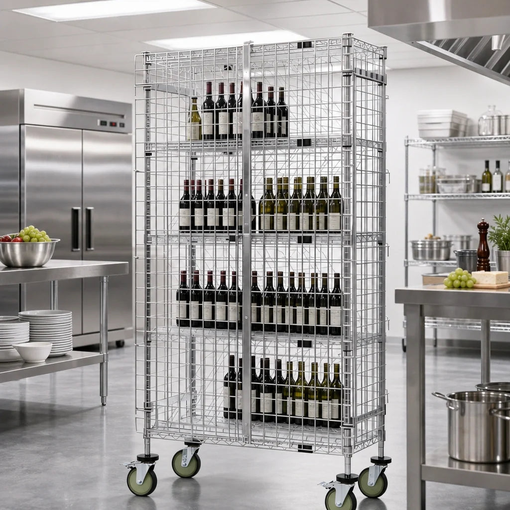Quantum M1436-69BWSEC Mobile Wine Bulk Storage Security Shelving Unit, Chrome, 36"W x 18"D x 69"H
