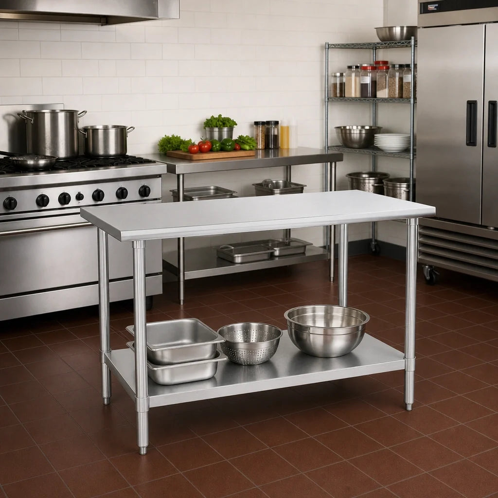Eagle Group Deluxe T2448EB 48 x 24-Inch Stainless Steel Work Table with 16-Gauge 300 Series Top, Rolled Edge and Adjustable Galvanized Undershelf