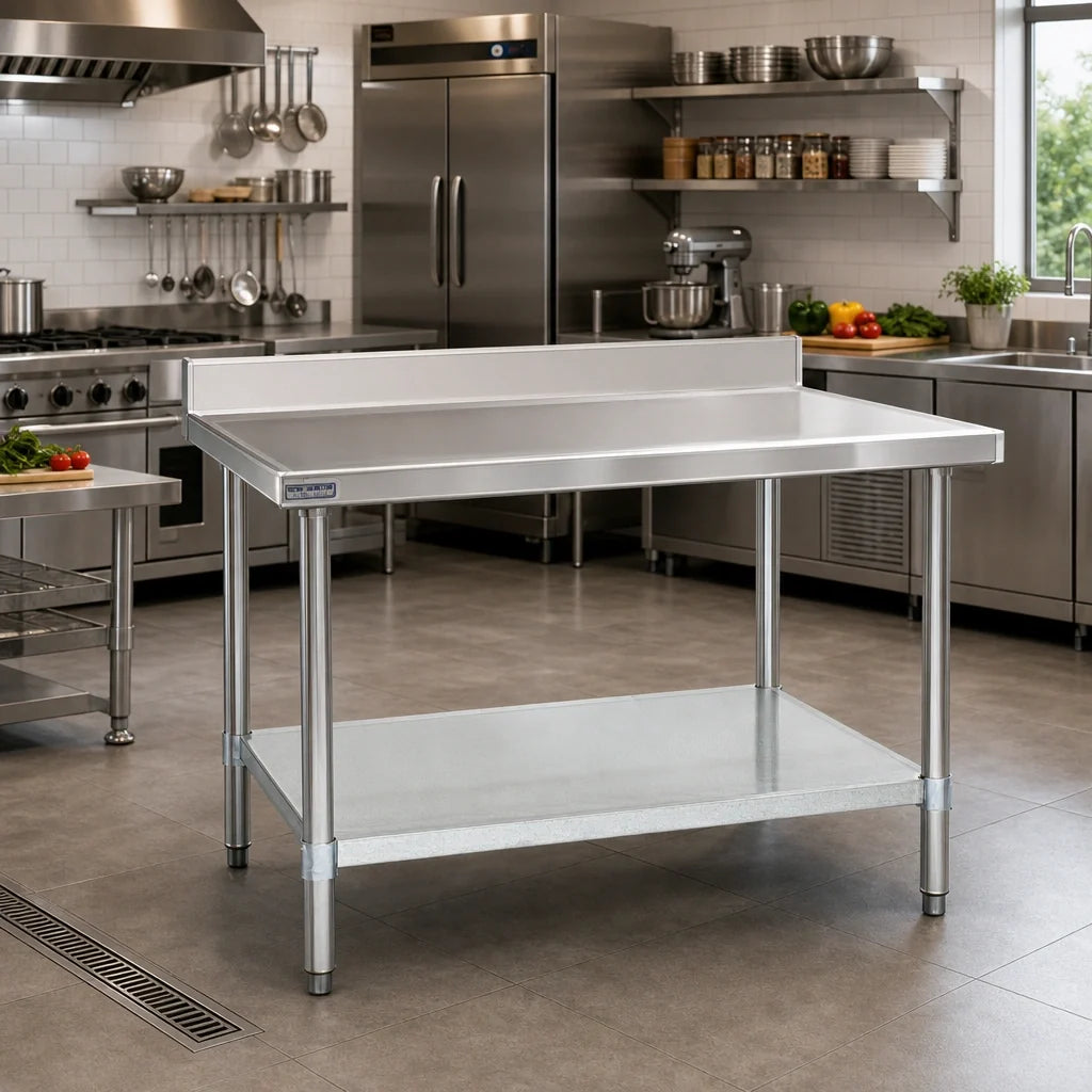 Eagle Group Spec-Master T2472EM-BS 72 x 24 Inch Stainless Steel Work Table with 4-1/2 Inch Backsplash and Adjustable Galvanized Undershelf