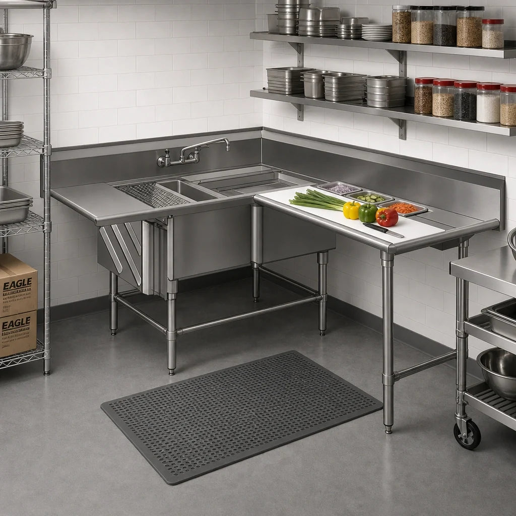 Eagle Group Spec-Master CFNP2840-2-48TR Two-Compartment 14-Gauge 304 Stainless Steel Prep Sink with Right-Hand 48-Inch Trough Prep Area