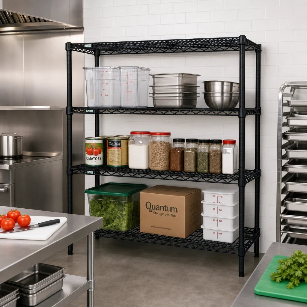 Quantum WR54-3060BK Stationary Wire Shelving Starter Kit, 60"W x 30"D x 54"H, 4 Shelves, Black Epoxy Finish