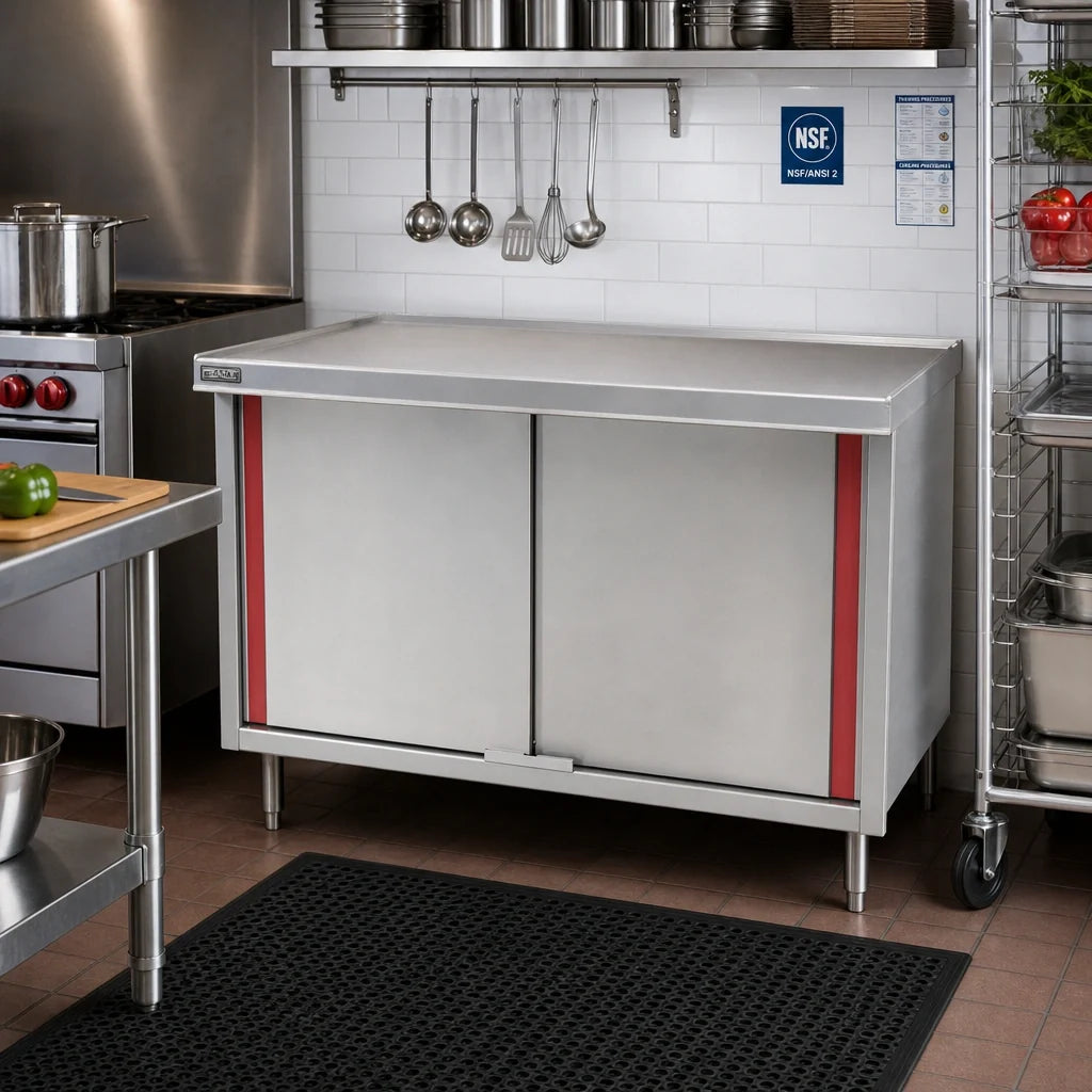 Eagle Group Spec-Master CBH2460SEM 60"W x 24"D Enclosed Stainless Steel Work Table with Hinged Doors, 14-Gauge 304 Top, Marine Edge
