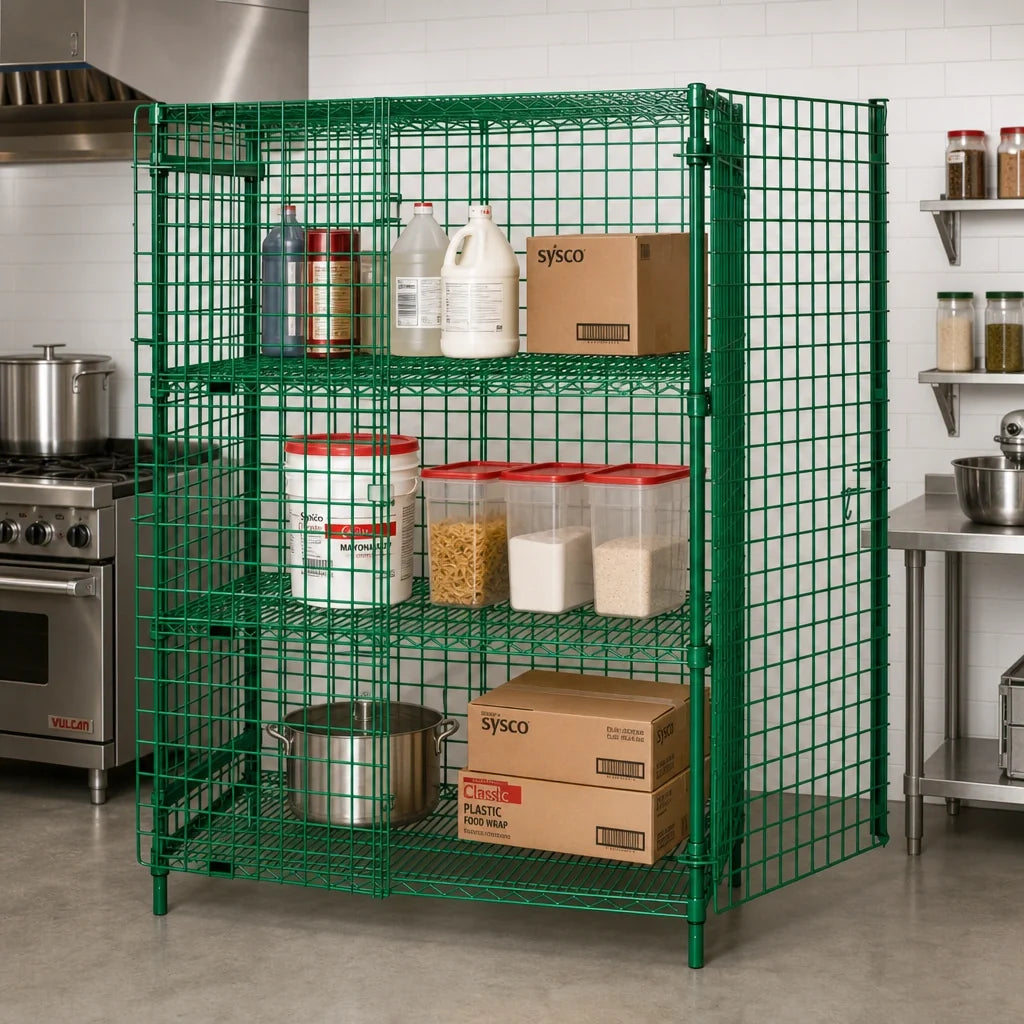 Quantum 2436-63SECP-2 Stationary Wire Security Cage, 36"W x 24"D x 63"H, 2 Intermediate Shelves, Green Epoxy Finish