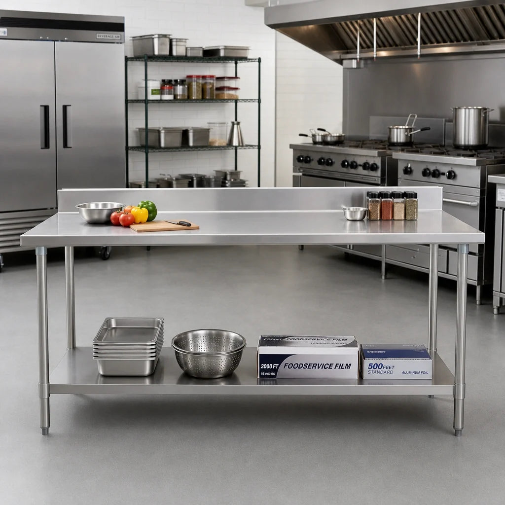 Eagle Group Spec-Master T24144SE-BS 144-Inch x 24-Inch Stainless Steel Work Table with 4-1/2-Inch Backsplash and Undershelf
