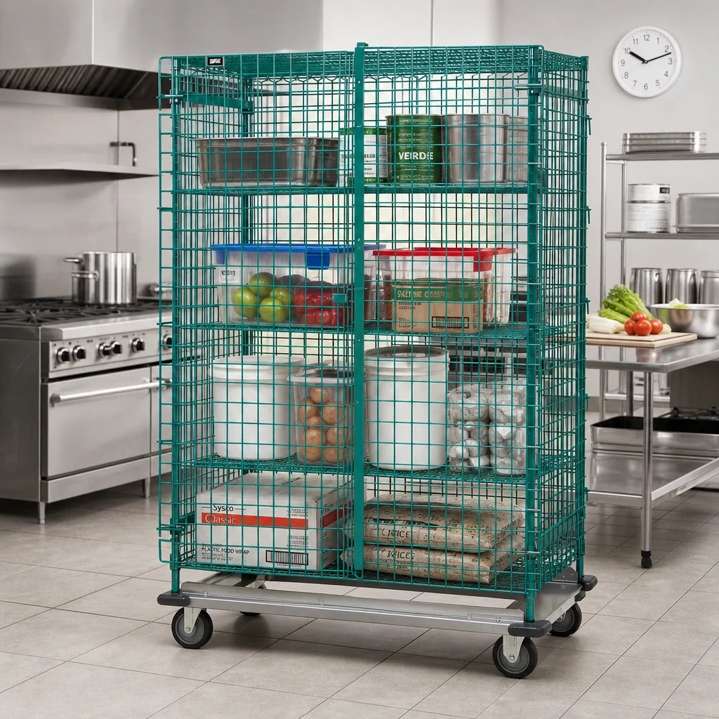 Quantum MD2448-70SECP Mobile Open-Wire Security Cage with Locking Doors, Dolly Base, Green Epoxy, 48"W x 24"D x 70"H
