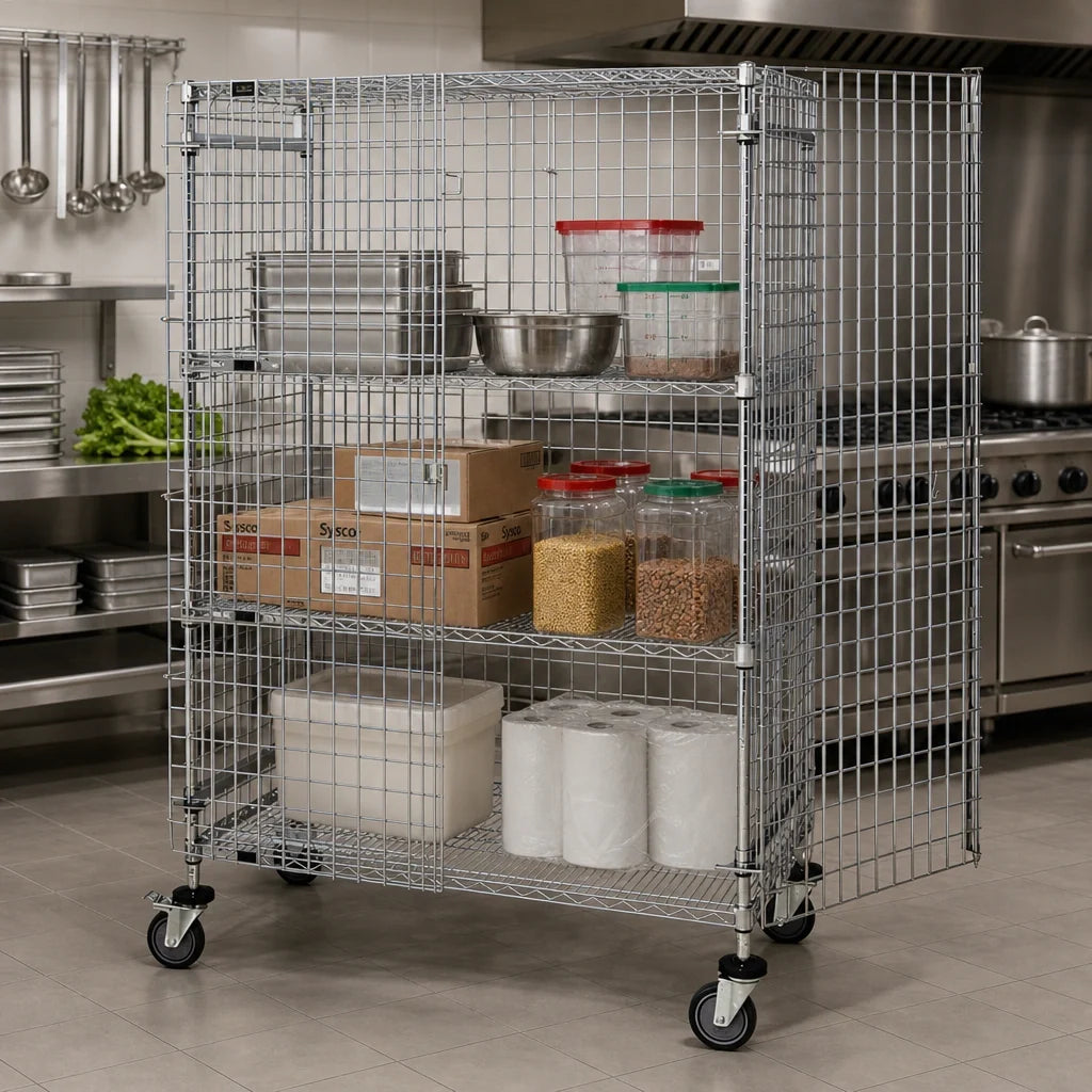Quantum M1836-69SEC-2 Mobile Wire Security Cage, 36"W x 18"D x 69"H, Chrome, 2 Intermediate Shelves