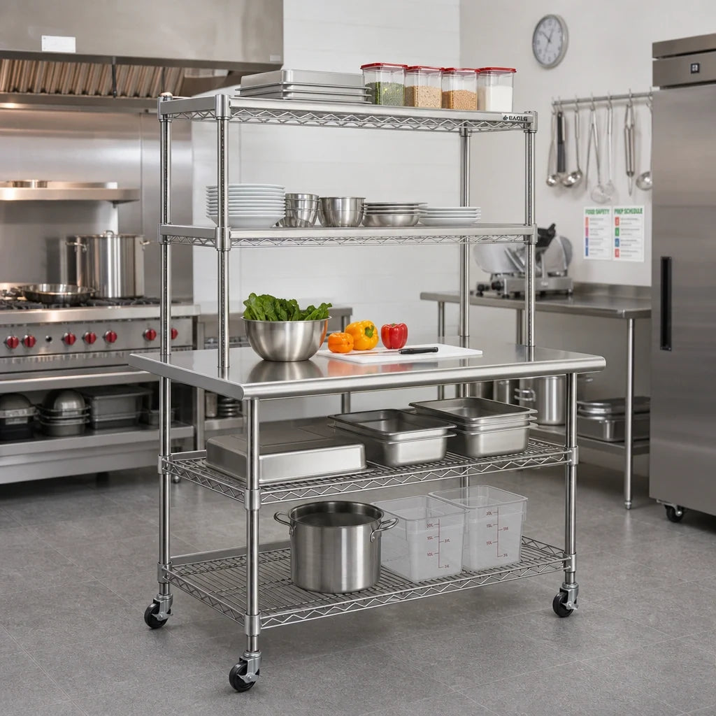 Eagle Group AdjusTable T3060EW-2 Two-Tier 14-Gauge Stainless Steel Work Table, 60 x 30 Inches, Double Wire Overshelves and Undershelves