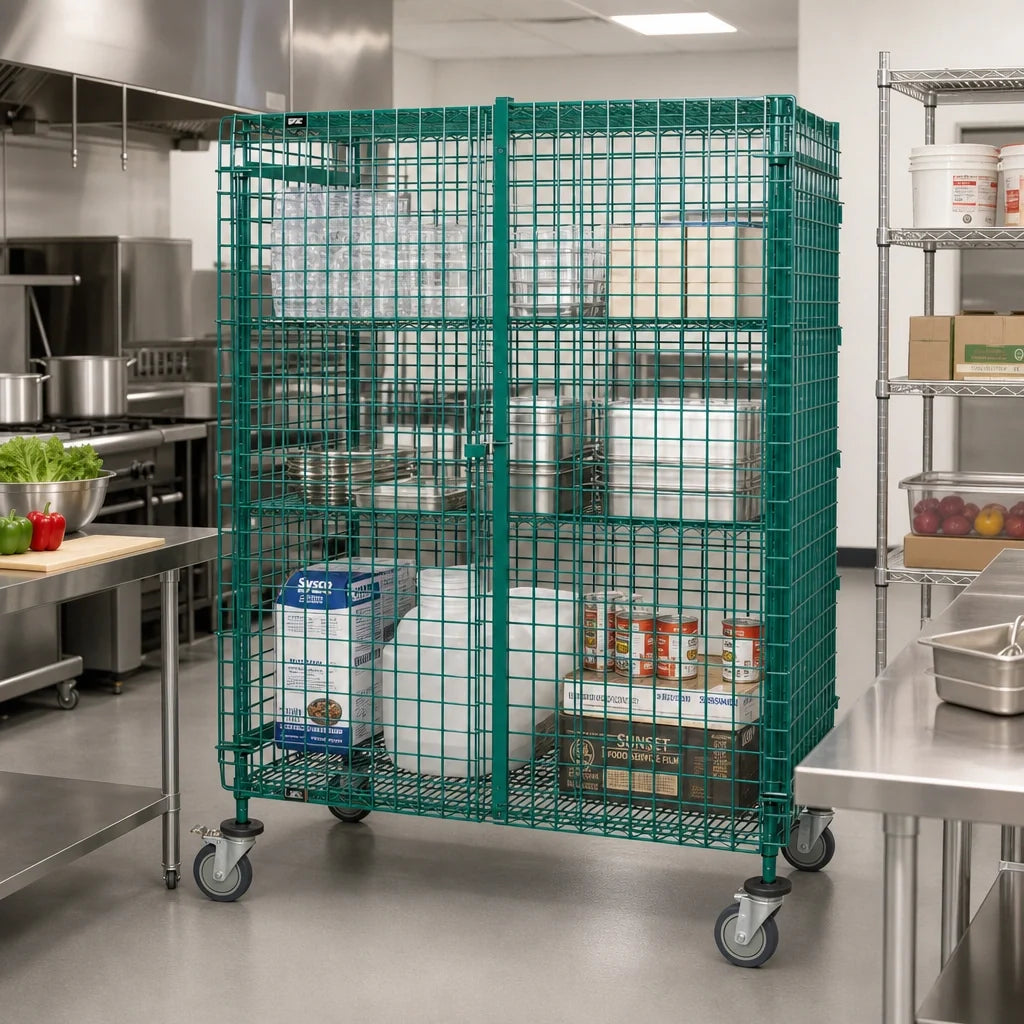 Quantum M2160-69SECP Mobile Wire Security Unit, 60"W x 21"D x 69"H, Green Epoxy, Locking Panel Doors
