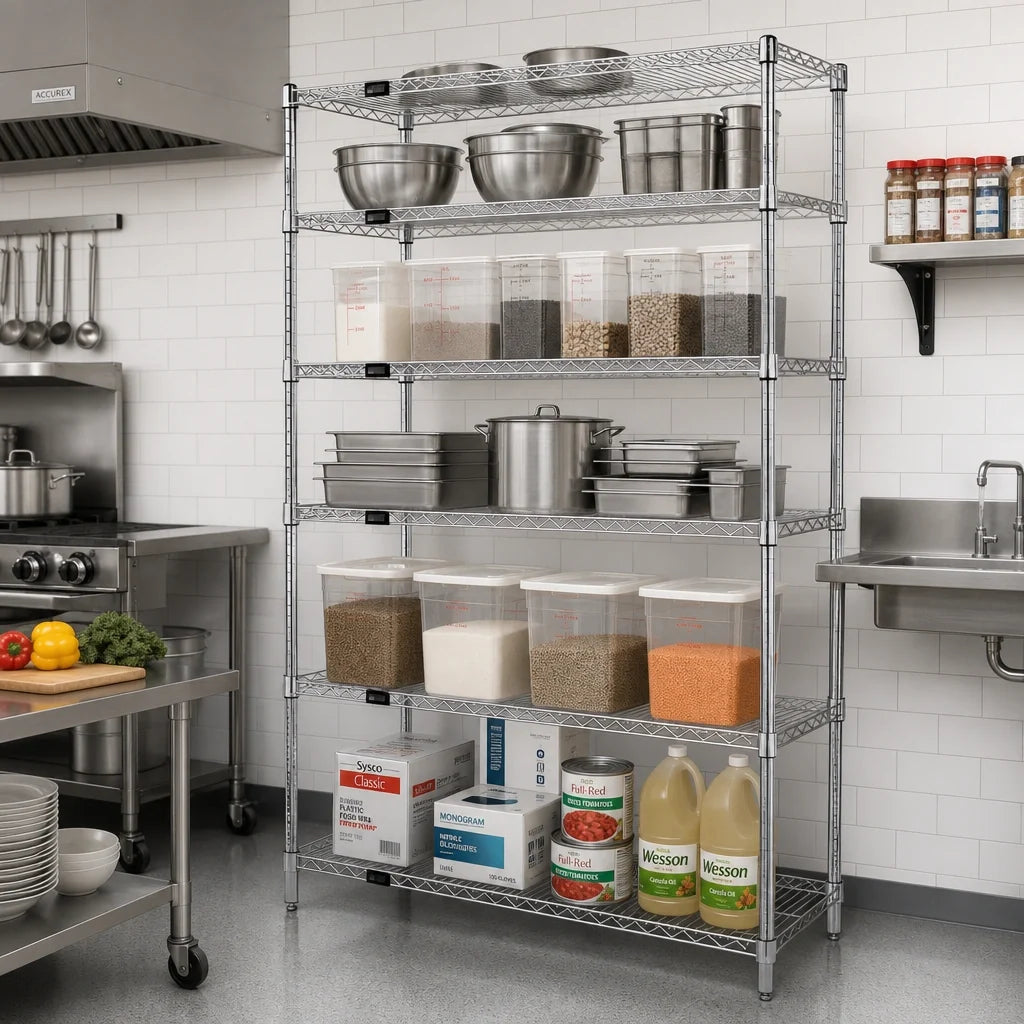 Quantum WR74-2454C-5 Stationary Chrome Wire Shelving Starter Kit, 54"W x 24"D x 74"H, 5 Shelves
