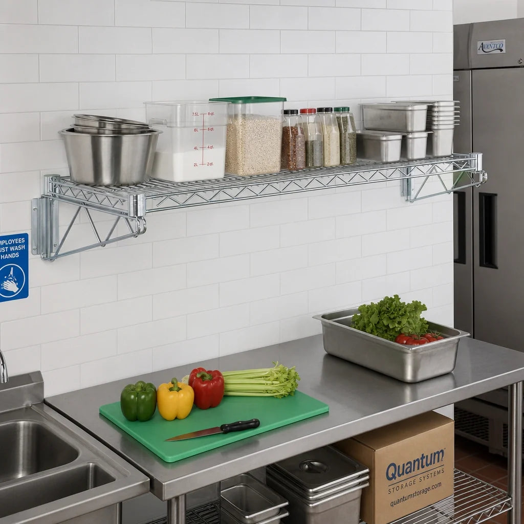 Quantum WDWB2172C Wall-Mount Cantilever Single Wire Shelf Unit, 72"W x 21"D, Chrome Plated