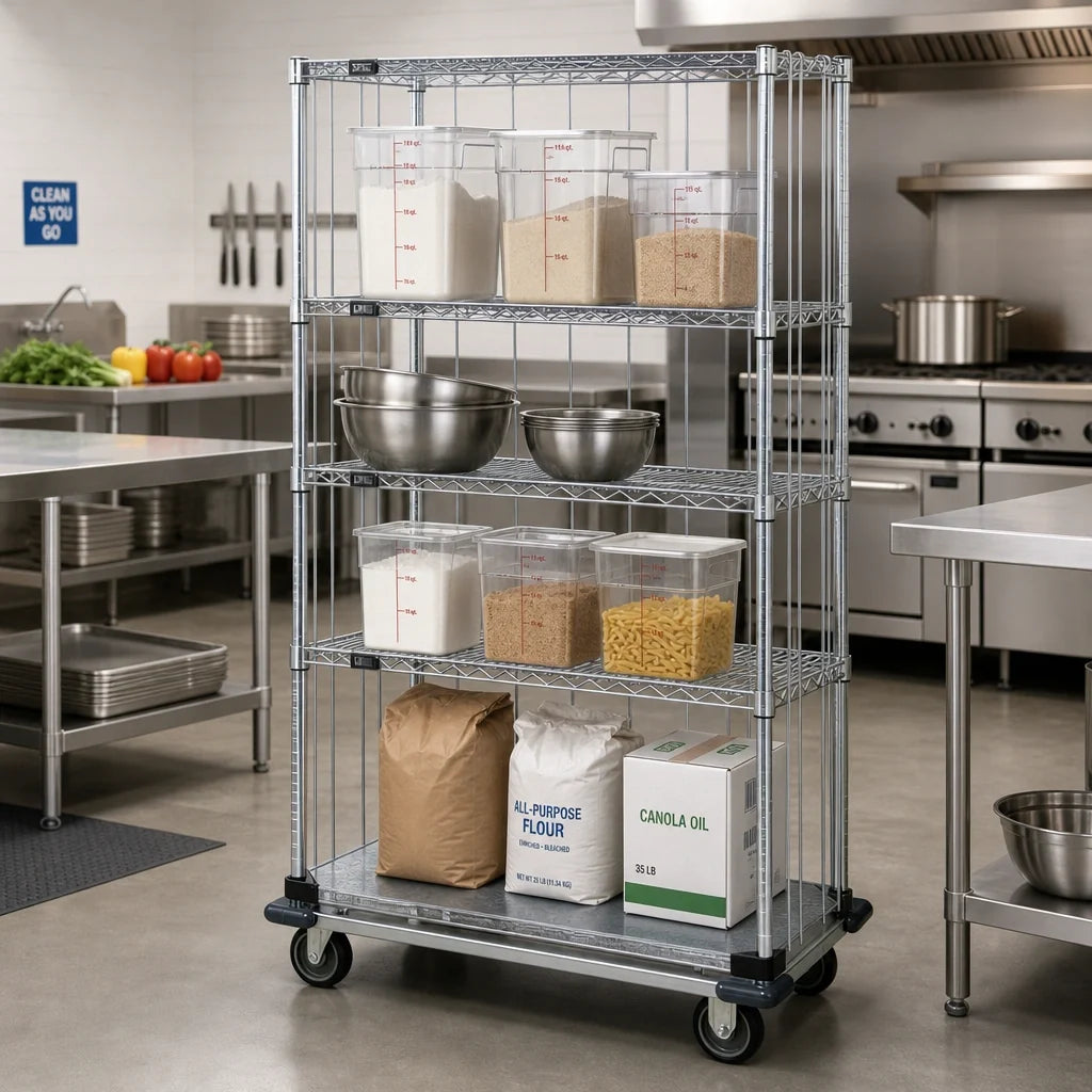 Quantum MD1836CG46RE 4-Shelf Mobile Enclosure Cart, 36 x 18 x 70 Inches, Chrome Plated, 3 Wire and 1 Solid Shelf