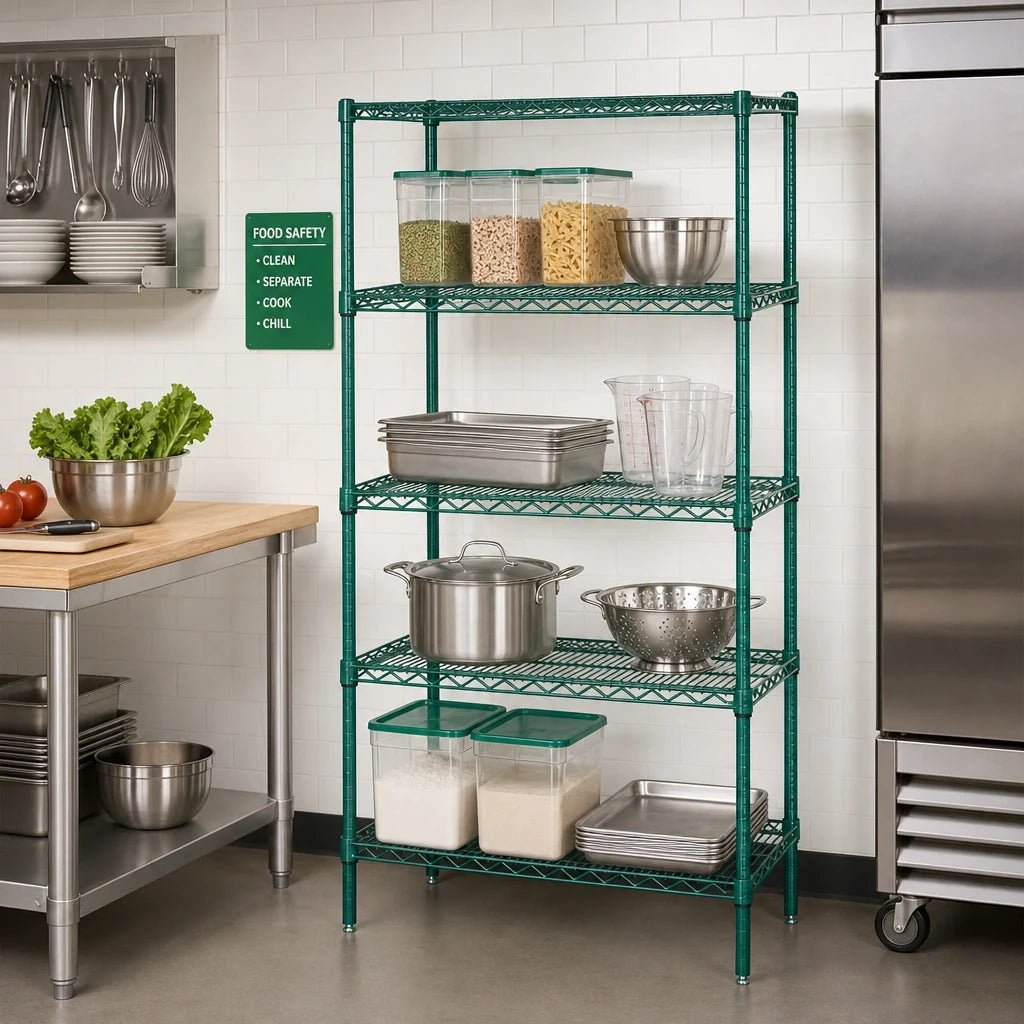 Quantum WR54-1424P-5 24"W x 14"D x 54"H Green Epoxy Wire Shelving Starter Unit, 5 Shelves, Stationary