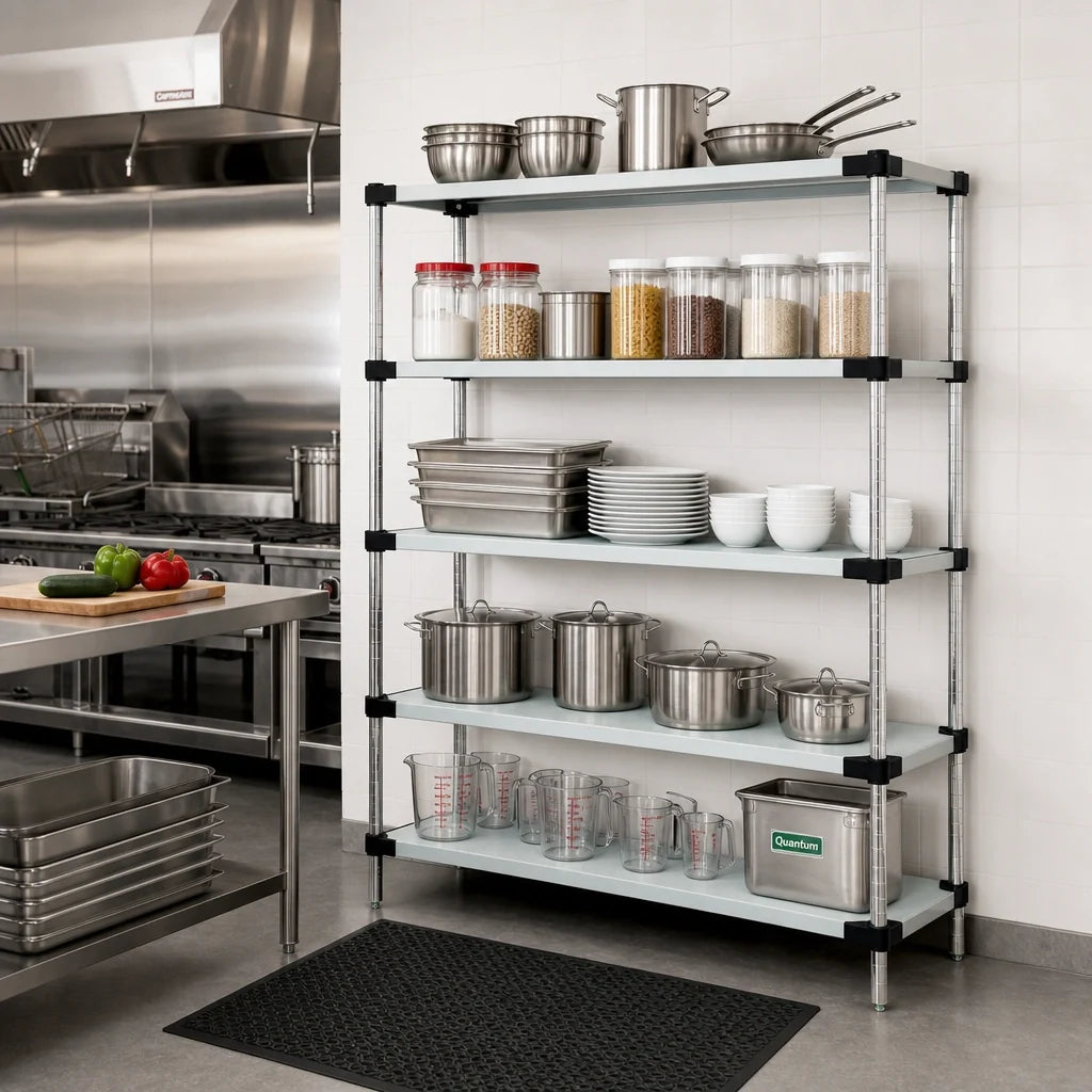 Quantum WRS5-54-1472SS 72"W x 14"D x 54"H 304 Stainless Steel Solid Shelving Starter Kit with 5 Shelves