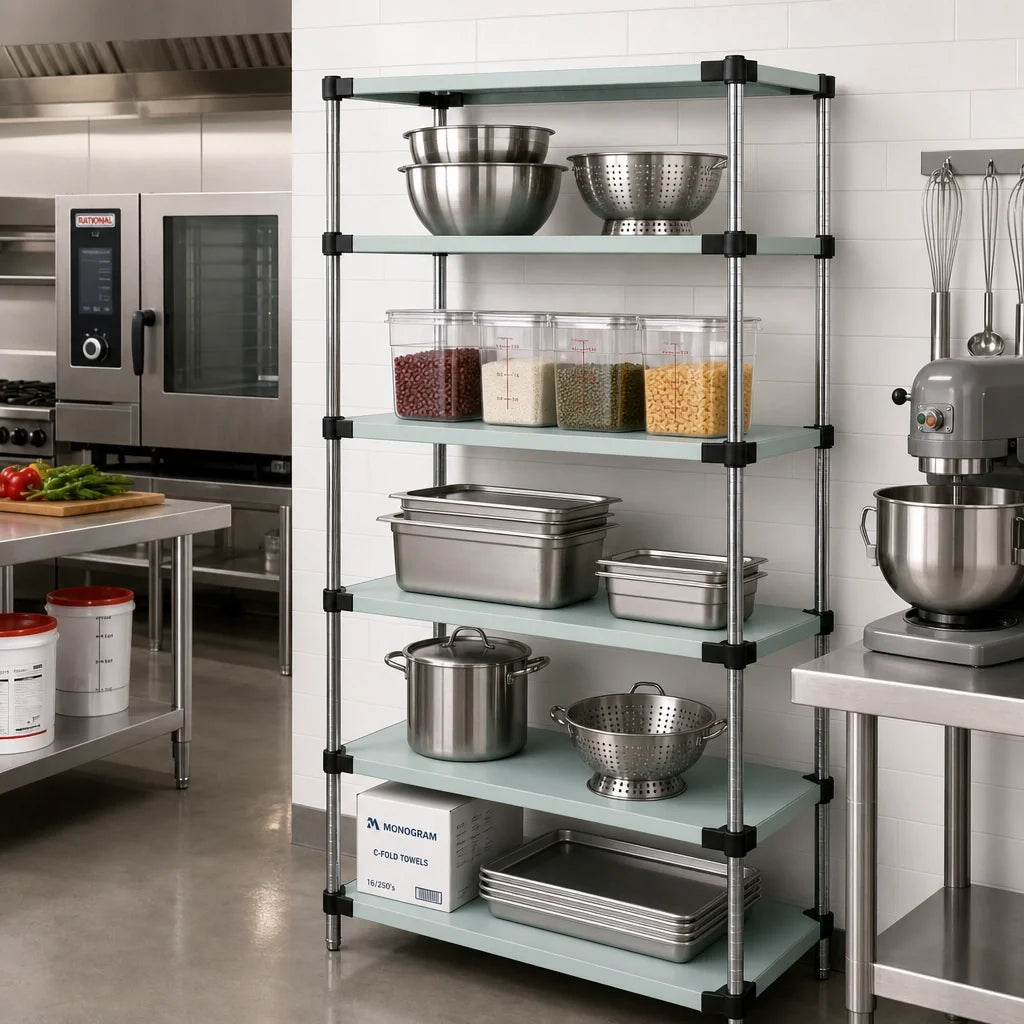 Quantum WRS5-63-2136SS Solid Stainless Steel Shelving Starter Kit, 5 Shelves, 36"W x 21"D x 63"H