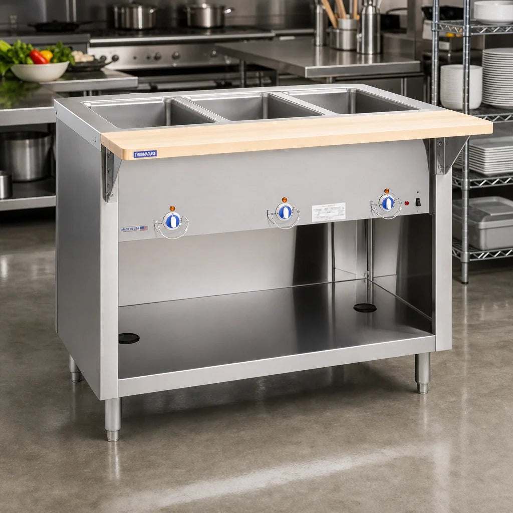 Duke Manufacturing Thurmaduke E-4-CBPG 60-Inch 4-Well Electric Steamtable with Sealed Wells and Open Storage Base