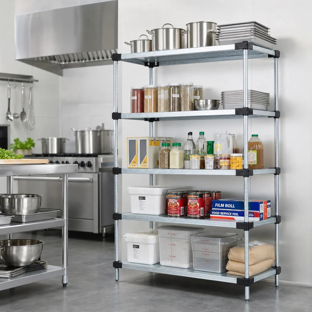 Quantum WR63-2448SG-5 Solid Shelving Starter Unit, 48"W x 24"D x 63"H, 5 Galvanized Steel Shelves, Chrome Posts