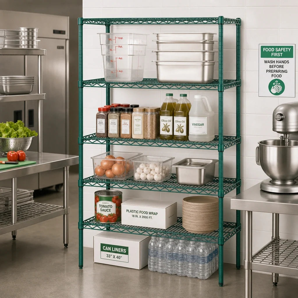 Quantum WR54-1442P-5 Stationary Wire Shelving Starter Unit, 42"W x 14"D x 54"H, 5-Shelf, Green Epoxy