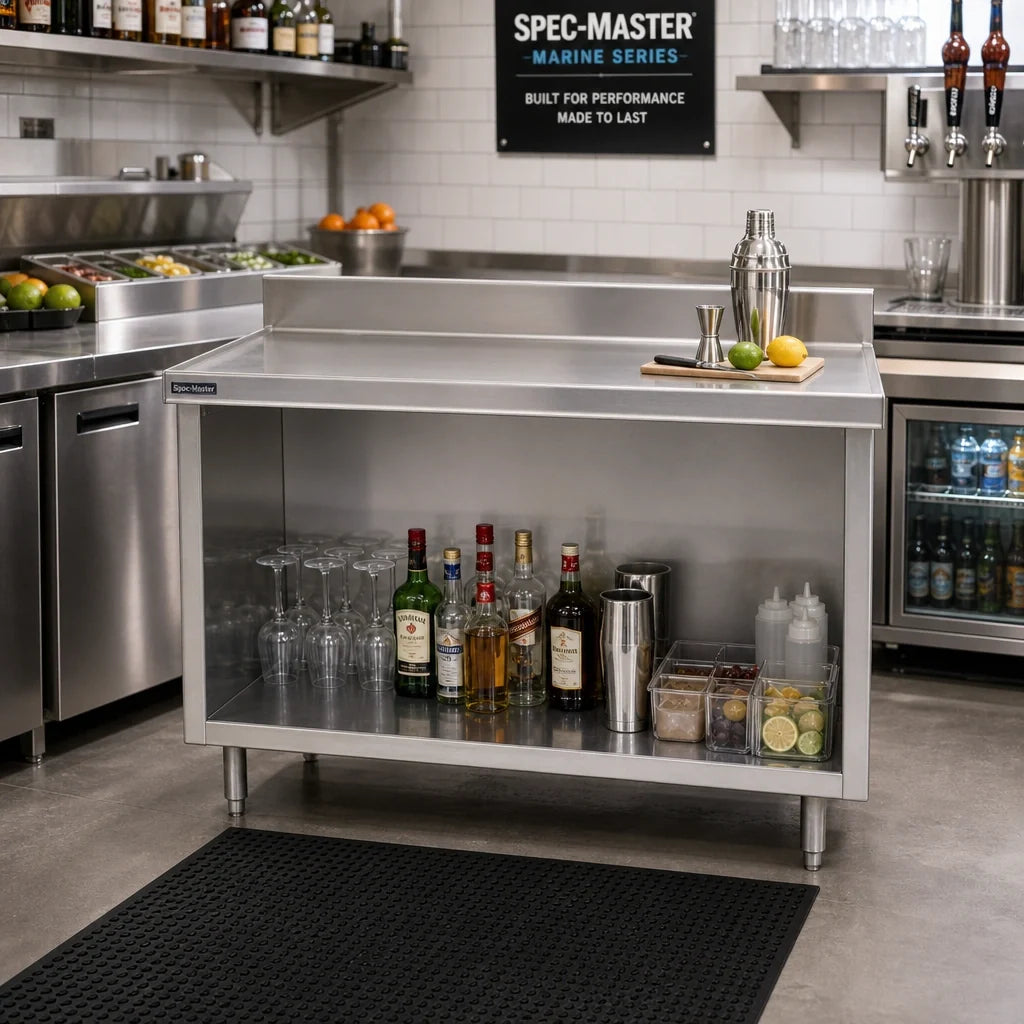 Eagle Group Spec-Master OB2460SEM-BS 60"W x 24"D Stainless Steel Underbar Work Table with Open Front Cabinet, Marine Edge & Backsplash
