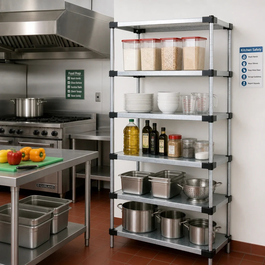 Quantum WR86-2124SG-5 Solid Shelving Starter Unit, 5 Shelves, 24"W x 21"D x 86"H, Galvanized Steel Shelves, Chrome Posts