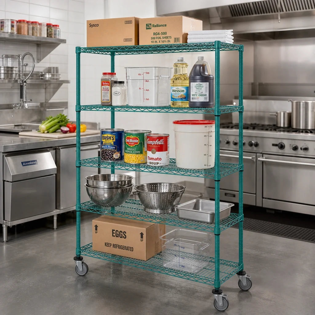 Quantum M1836P46-5 36" W x 18" D x 69" H 5-Shelf Mobile Wire Shelving Cart, Green Epoxy Coated