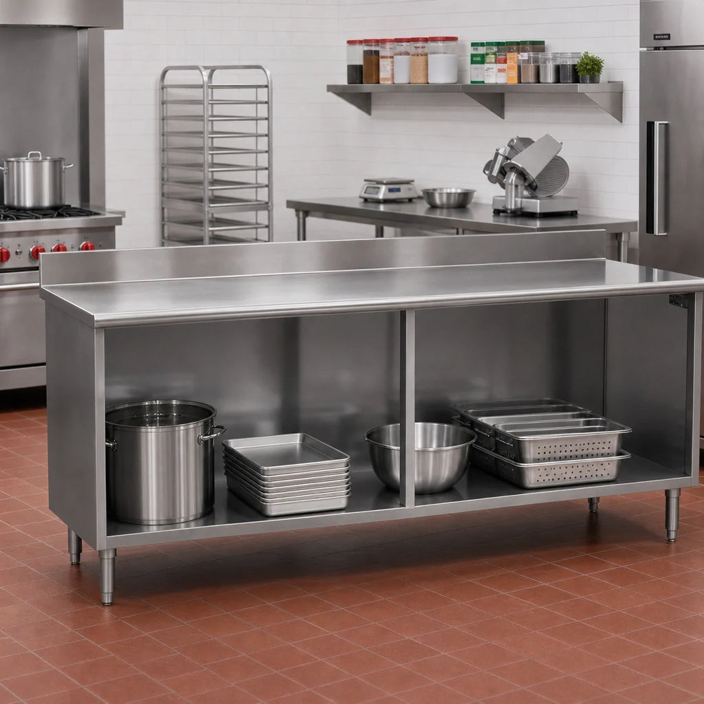 Eagle Group Spec-Master OB2484SE-BS Open-Front Cabinet Base Worktable, 84 x 24 in, 14-Gauge 304 Stainless Top, 4-1/2 in Backsplash