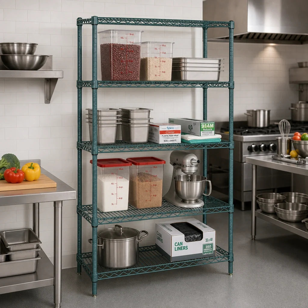 Quantum WR63-1836P Wire Shelving Starter Unit, 36"W x 18"D x 63"H, 4 Shelves, Green Epoxy Finish