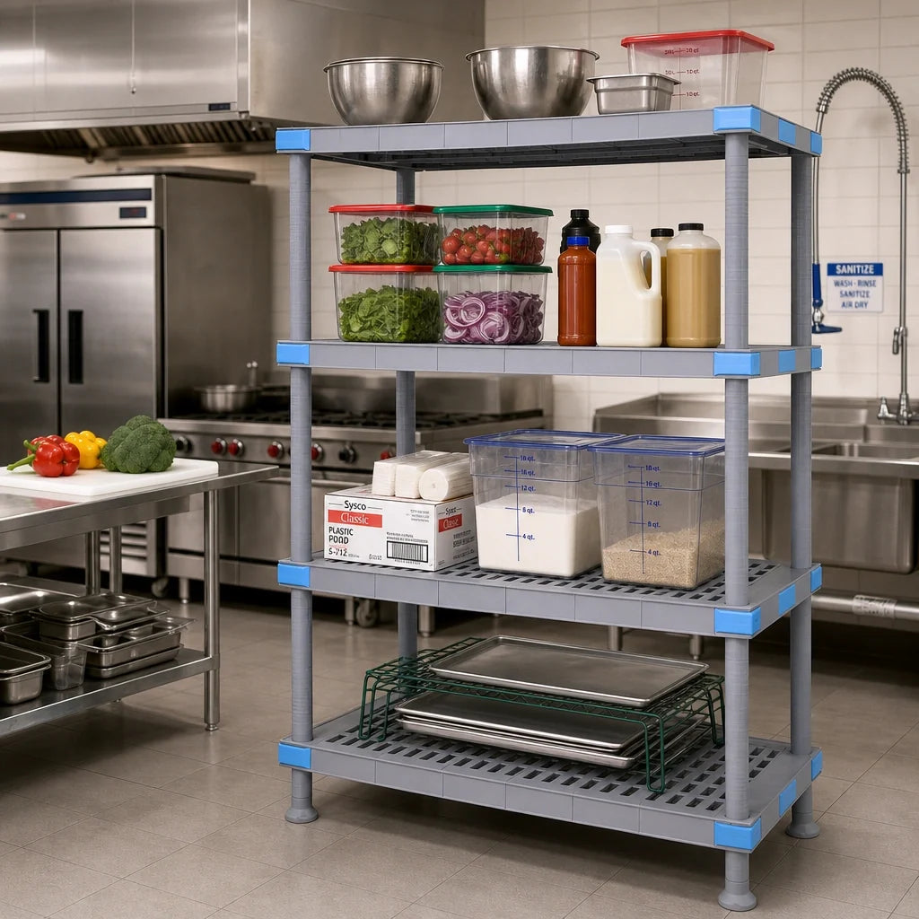 Quantum QP216050VS-4 All-Polymer Shelving Unit, 60"W x 21"D x 50"H, 4 Open Grid Shelves, Dunnage Stand, 2000 lb. Capacity, Gray