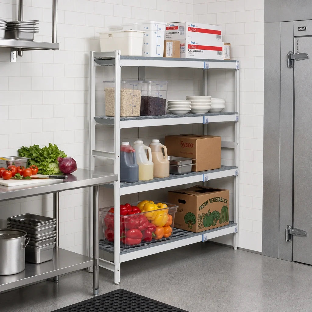 Fermod Fermostock 4R38C83-CE 4-Tier Corner Expansion Polymer Shelving Unit, 83"H x 38"W x 22"D, Gray, Anodized Aluminum