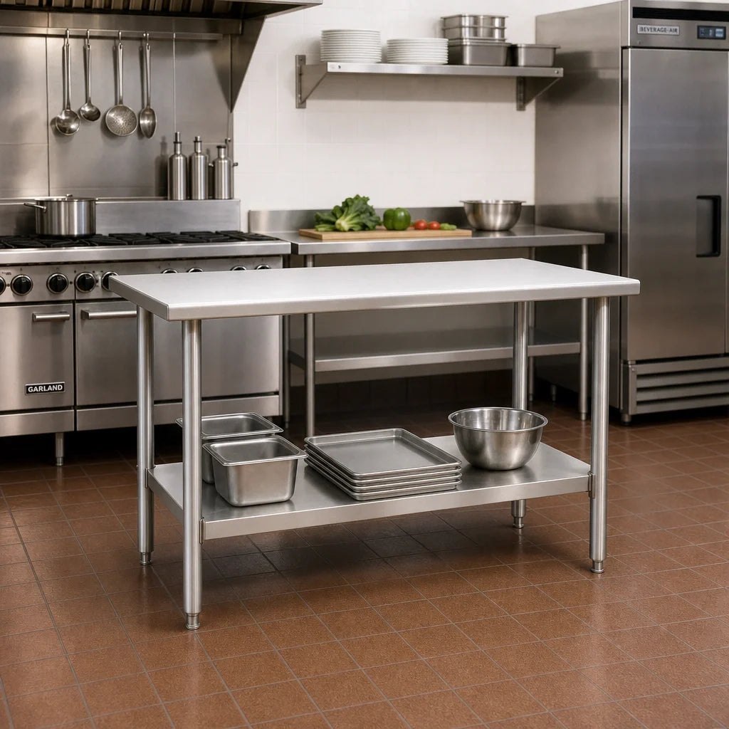 Eagle Group Spec-Master T2472SE 72" x 24" Stainless Steel Work Table, 14-Gauge 300 Series Top, Rolled Edge, Adjustable Undershelf