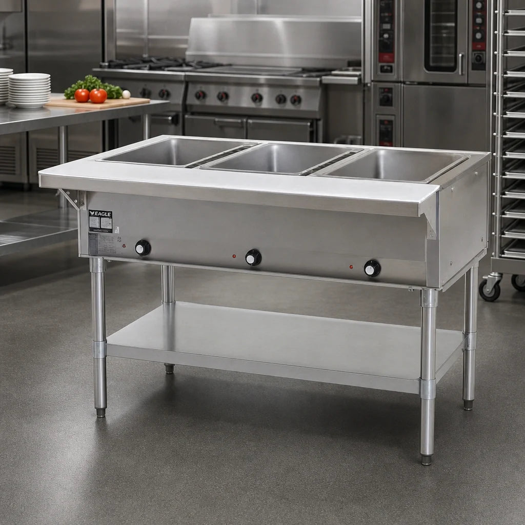 Eagle Group HT3-LP-3VP 48-Inch Propane 3-Well Dry Hot Food Table, Stainless Steel, Open Base with Undershelf and Cutting Board Case of 3