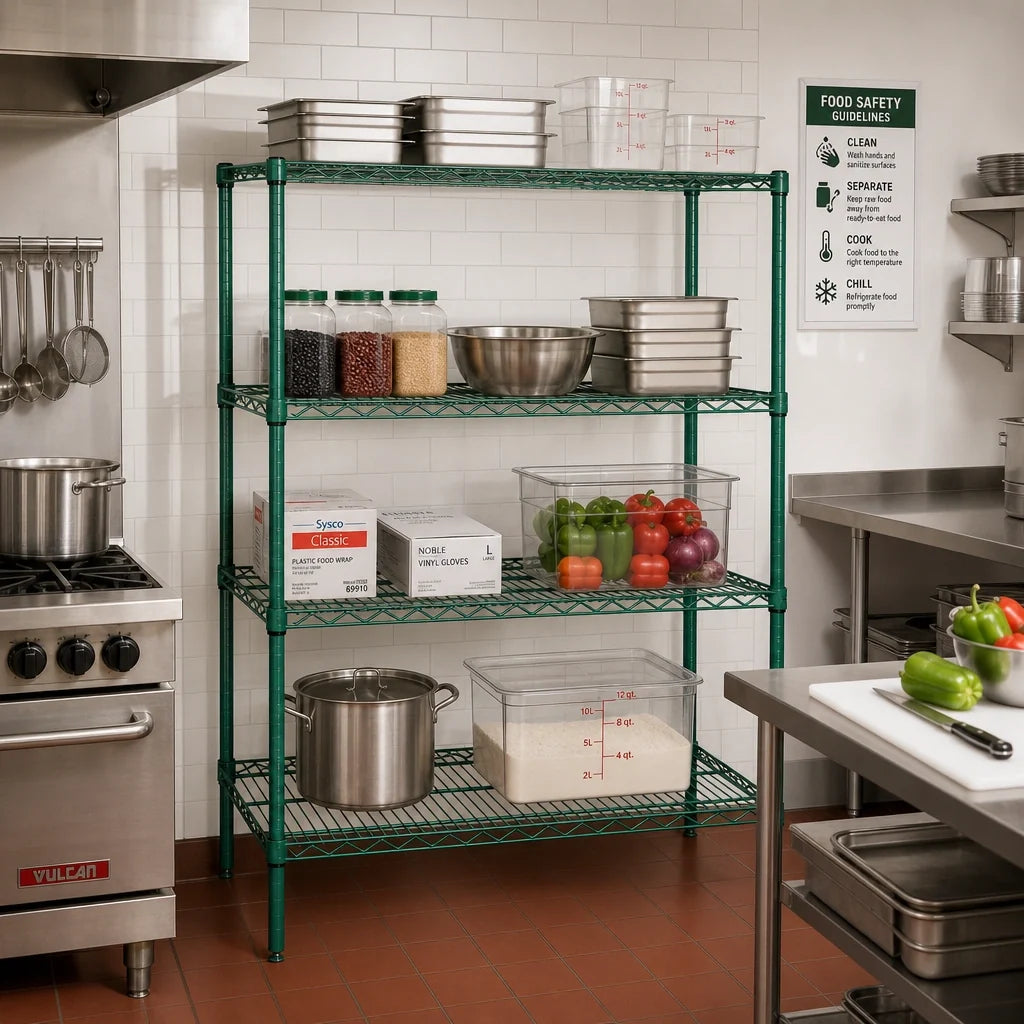 Quantum WR74-2154P 4-Shelf Wire Shelving Starter Kit, 54" W x 21" D x 74" H, Green Epoxy Coated