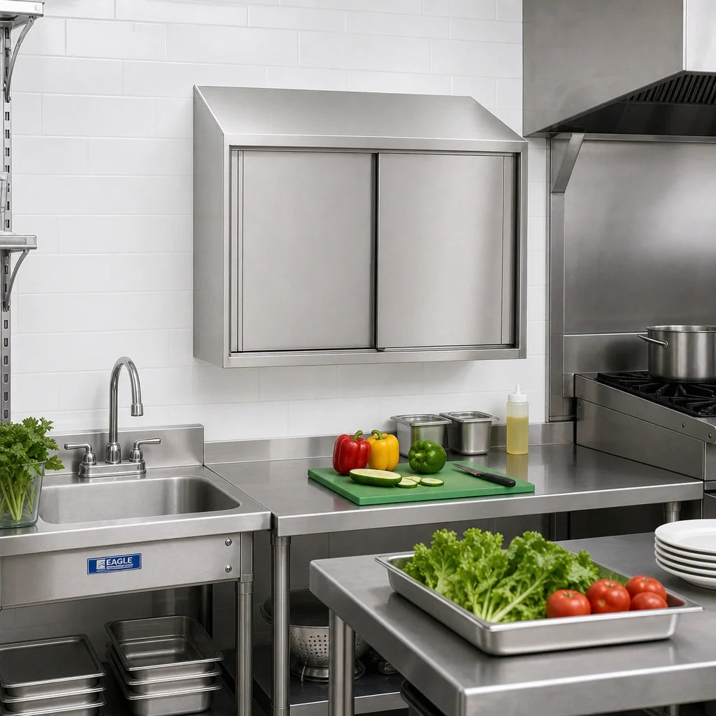 Eagle Group WCS-30 Wall-Mounted Stainless Steel Cabinet with Sliding Doors, Sloped Top, Fixed Shelf, 30"W x 15"D x 28"H