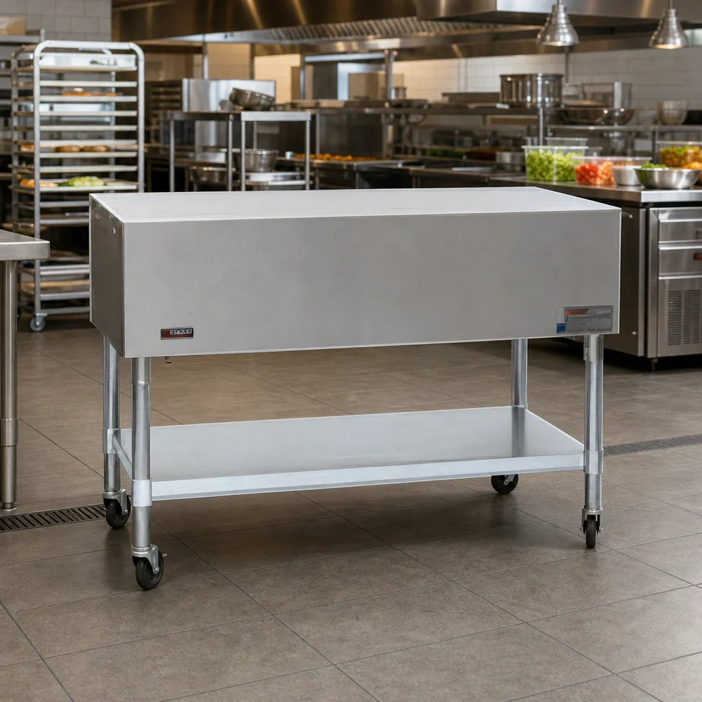 Eagle Group PST-4 66-Inch Mobile Stainless Steel Utility Serving Counter, Solid Top, Open Base, 4-Inch Casters