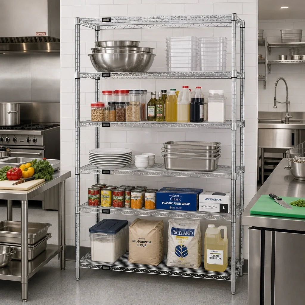 Quantum WR86-1872C-5 Stationary Wire Shelving Starter Kit, 72"W x 18"D x 86"H, Chrome Plated, 5 Shelves